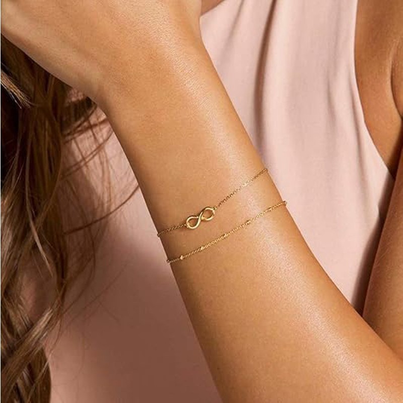 14K Gold Filled Infinity Bracelet Set Women Layered Adjustable Dainty Charm