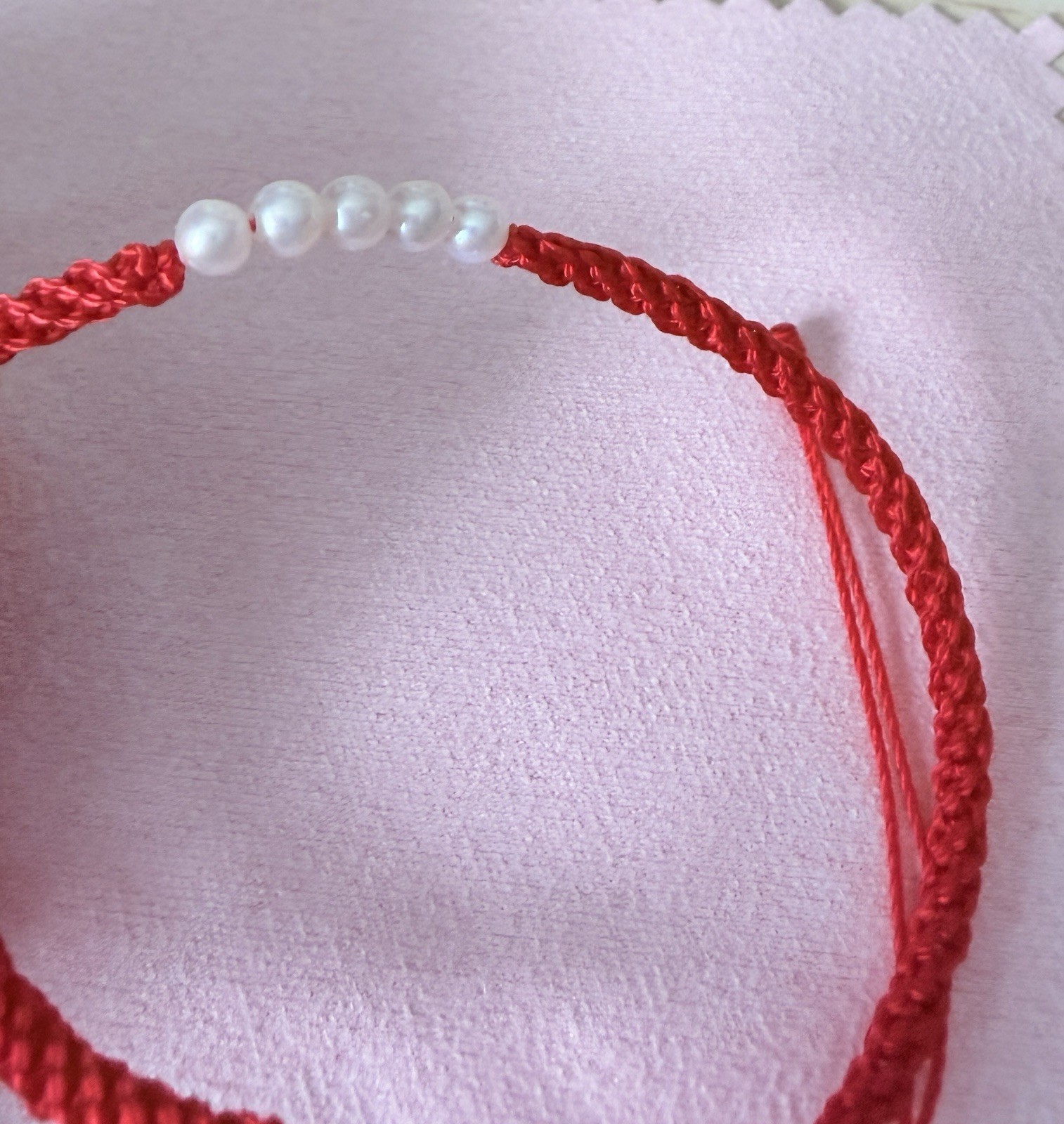 Red Braided Cord Beaded 15 CM Adjustable Slide Bracelet Natural Pearls Handmade
