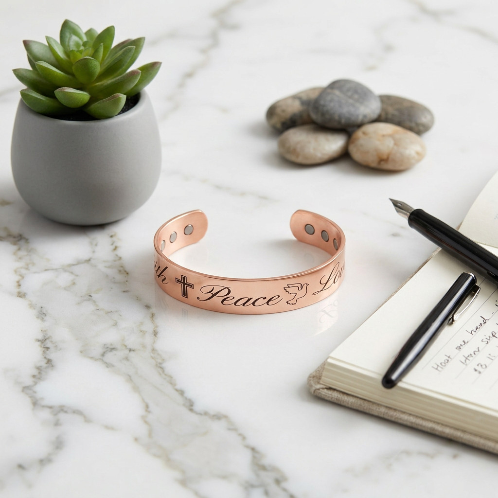 Faith Peace Love Solid Pure Copper Magnetic Bracelet Arthritis Pain Therapy Cuff
