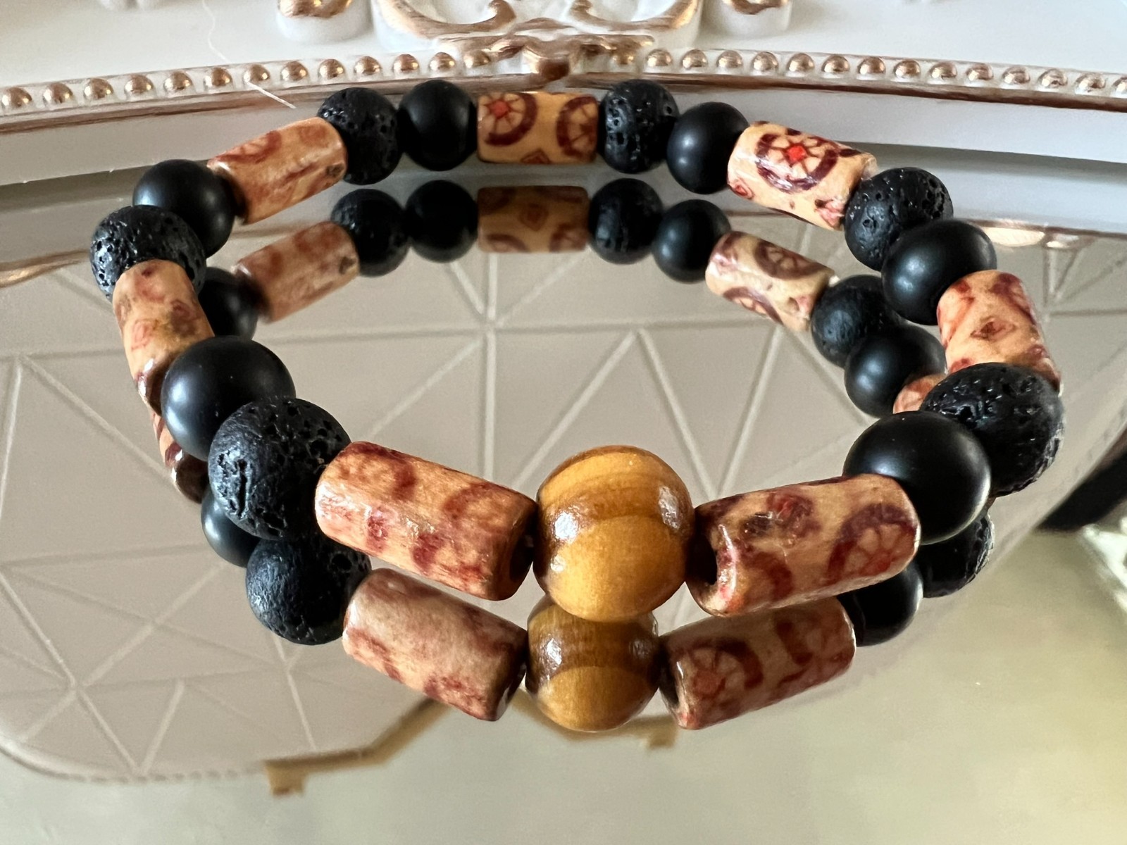handmade elastic unisex unique vulcan stone beads & wooden accent bracelet