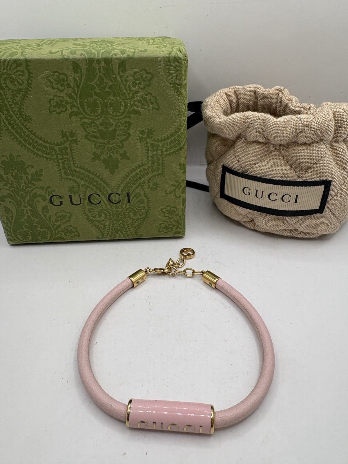 Gucci Pink Leather Enamel Bracelet With Box & Dust Bag