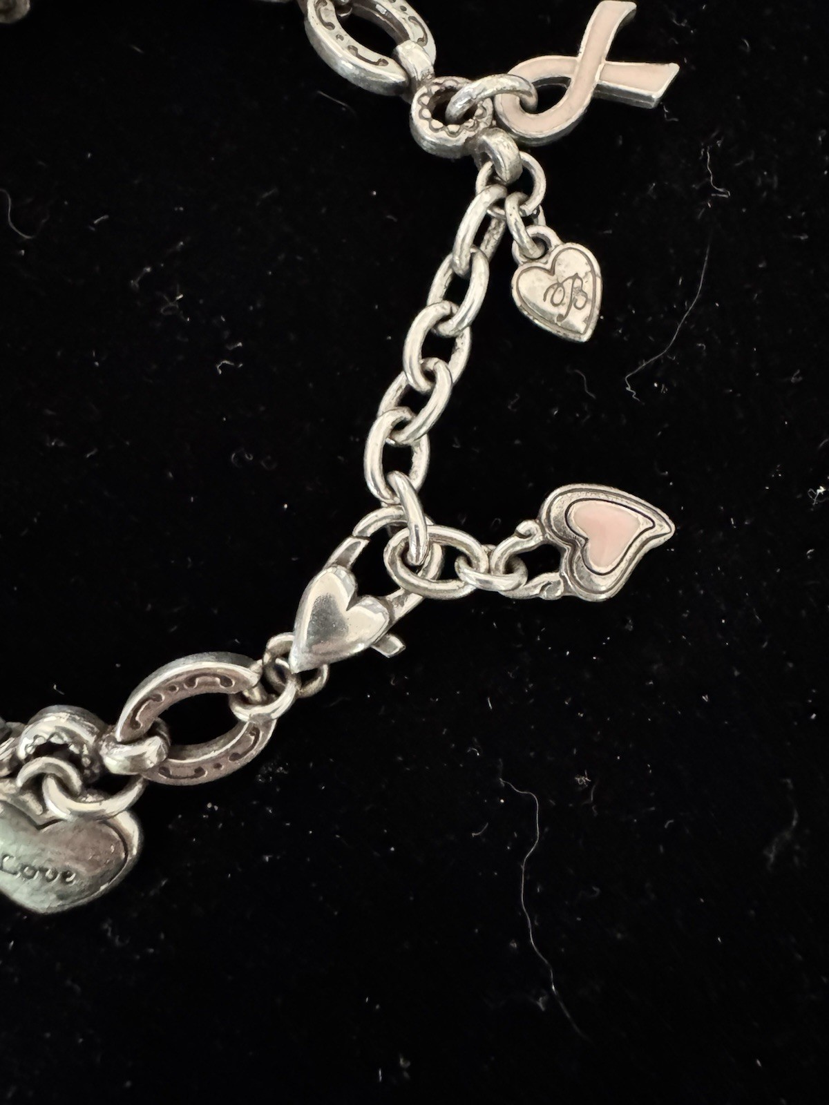 Brighton Oval Link Chain Heart Dangle Charm Bracelet Love Faith Hope Pink Ribbon