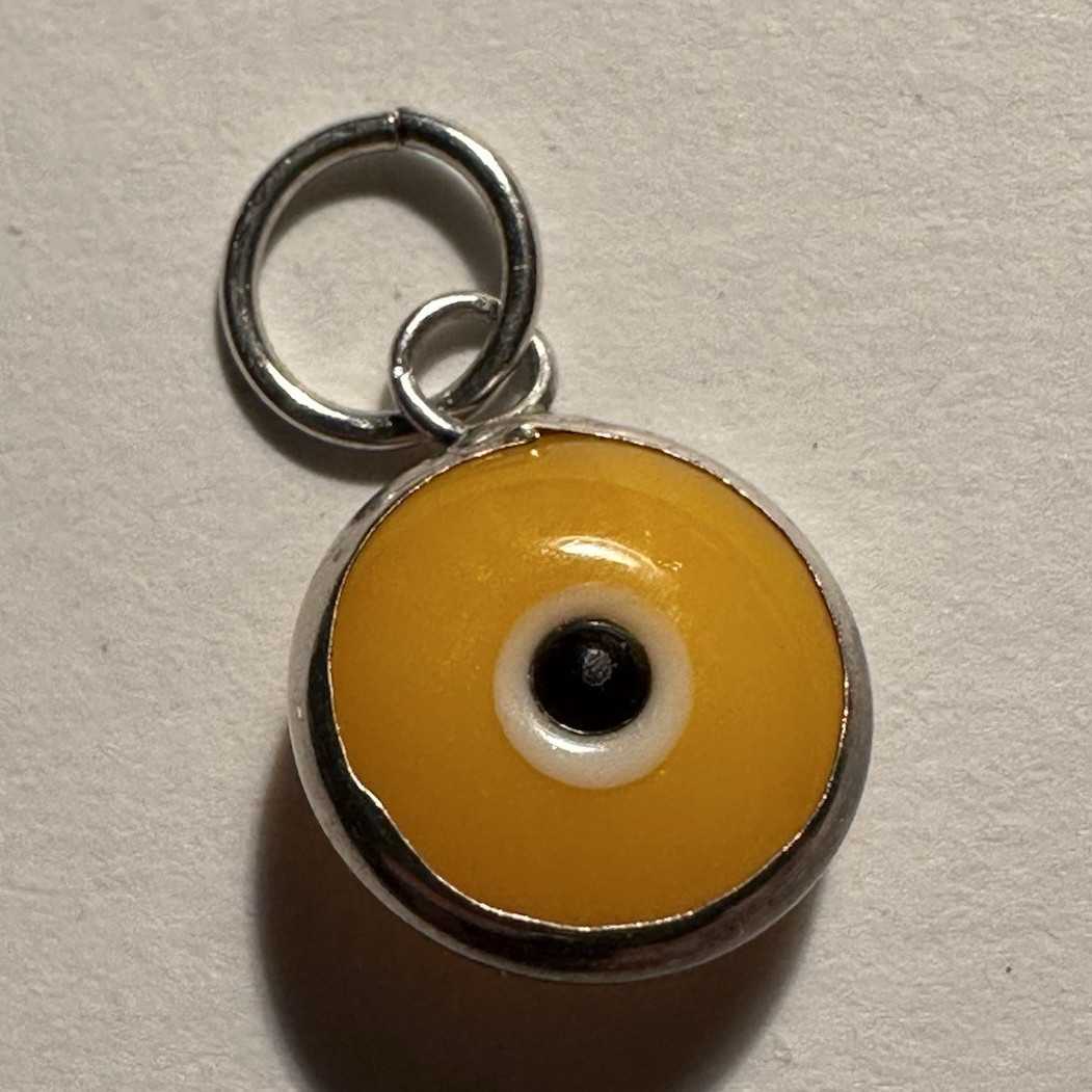 Yellow Glass Evil Eye Round Charm Pendant w/ Jump Ring Silver Tone Metal 0.7″