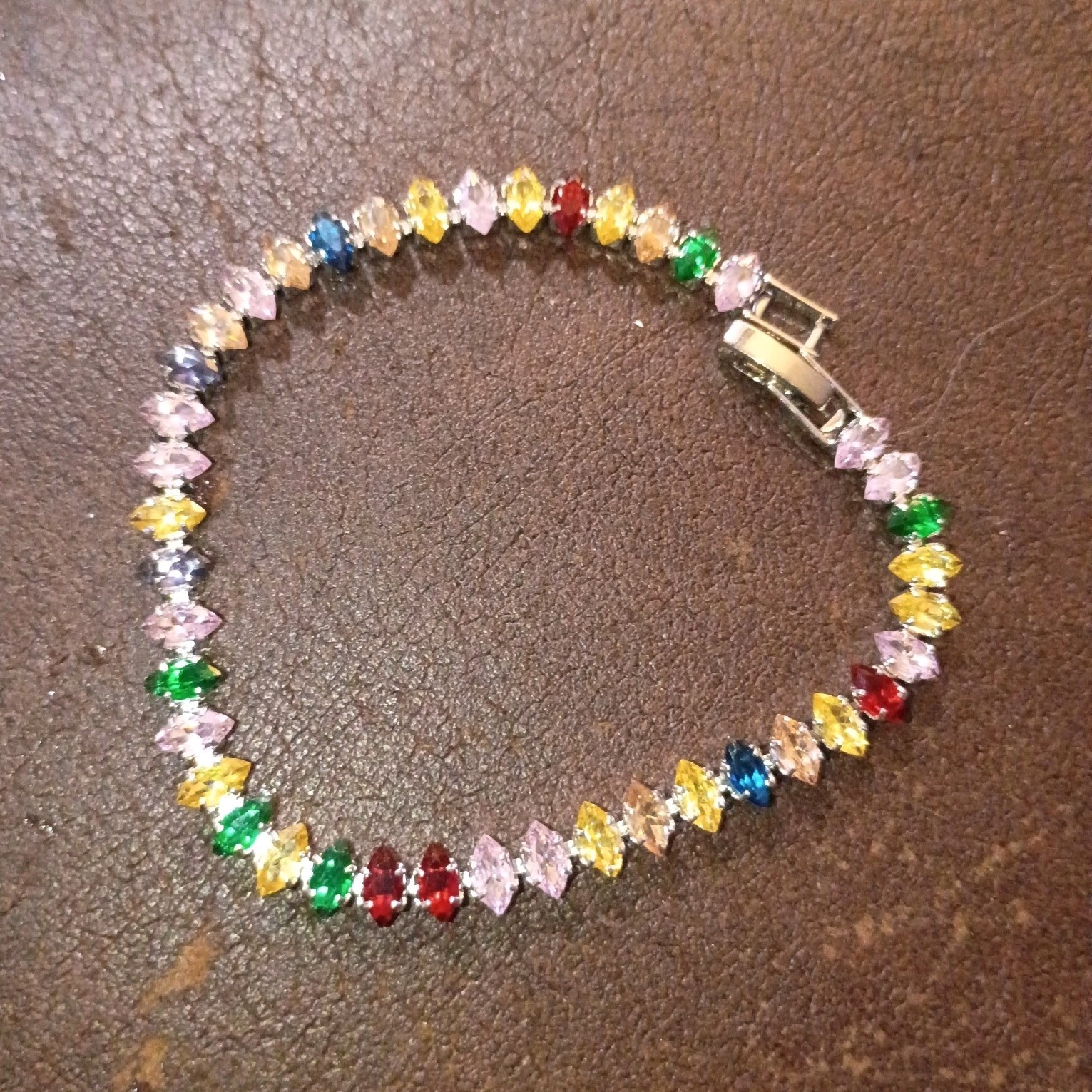 Multicolor Marquise Crystal Tennis Chain Bracelet, Prong Set, Box Clasp