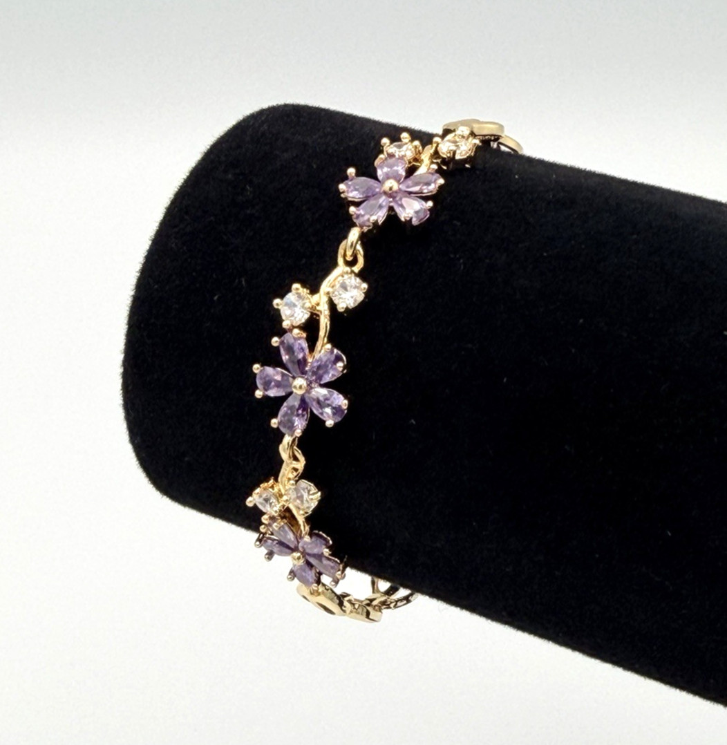18K Gold Filled Bracelet w/ Purple & White Crystals – 7 Inches New