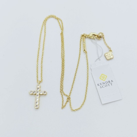 New Kendra Scott Cross Crystal Gold Pendant Necklace in White Cubic Zirconia