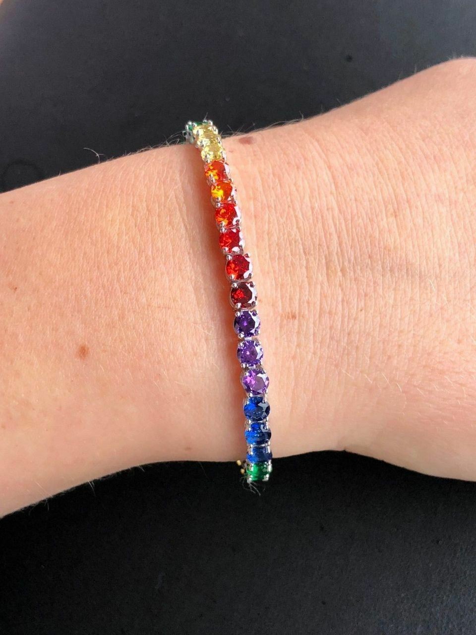 Solid 925 Sterling Silver 4mm Multicolor Rainbow Gay Pride Tennis Bracelet CZ