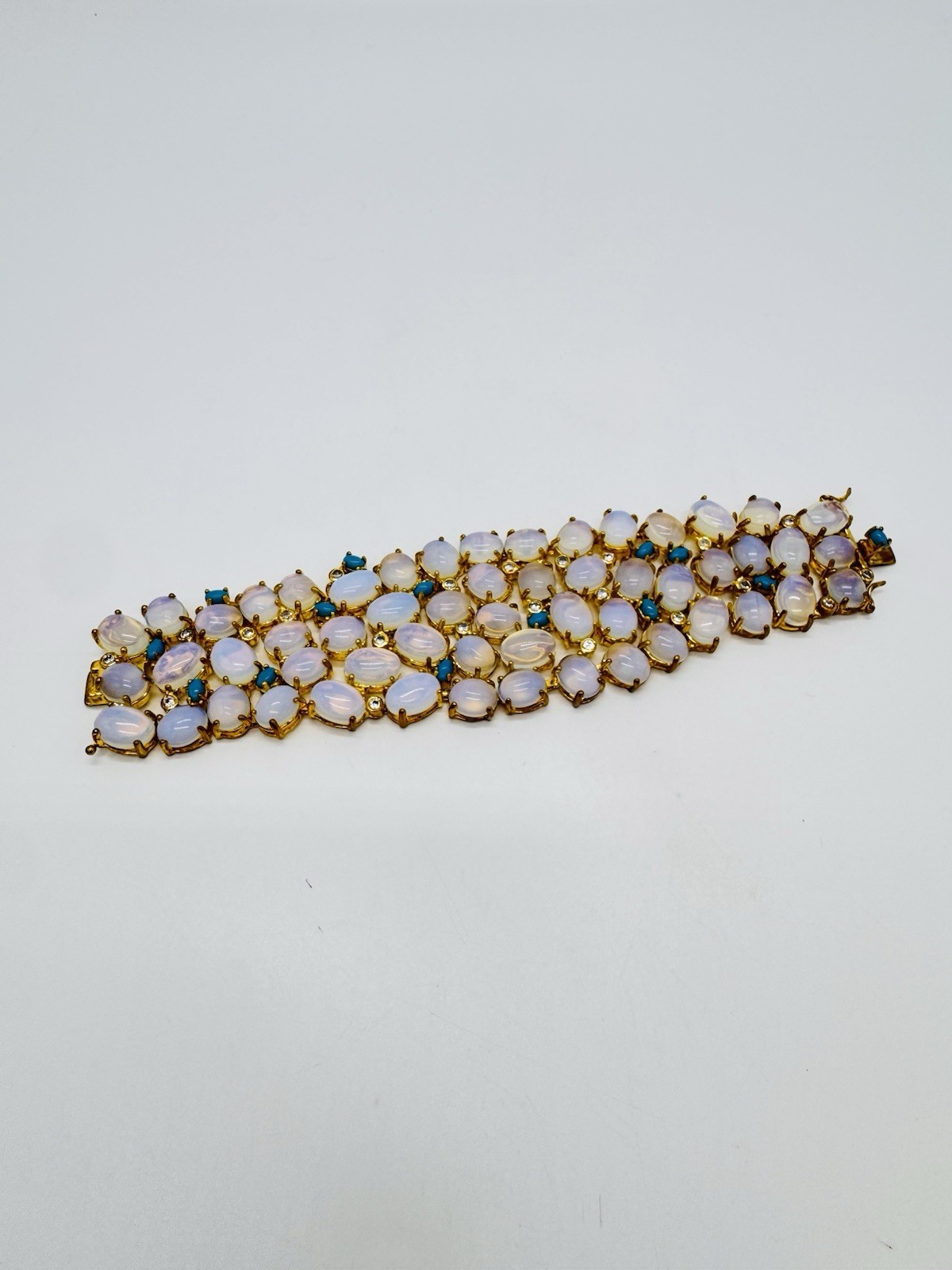 Opalite Cabochon Statement Bracelet W/ Faux Turquoise & CZ Accents Gold Metal
