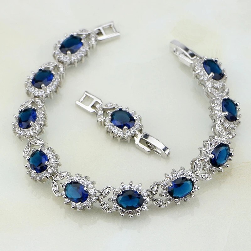 925 Silver Flower Oval CZ Sapphire Halo Bracelet 7 to 8 Inch Christmas Sale