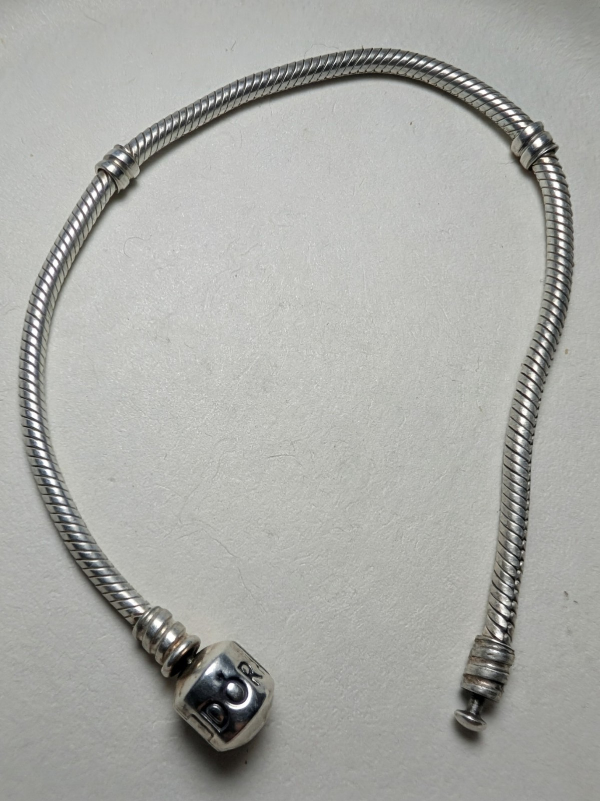 PANDORA Signed Silver Tone Snake Chain European Charm Bracelet Barrel Clasp