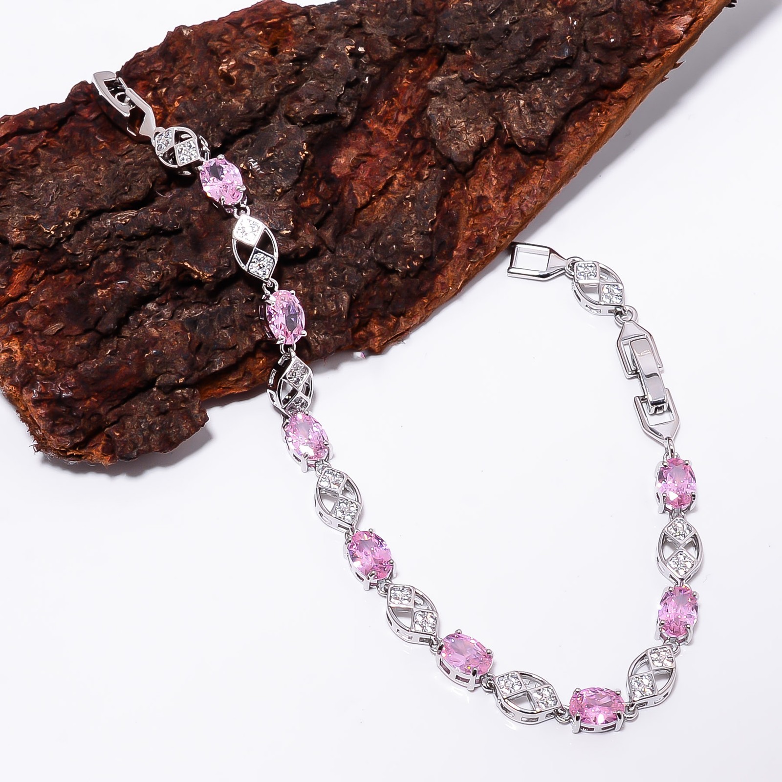 Pink Sapphire -Simulated, CZ 925 Sterling Silver Adjustable Bracelet 7-8″ B2822