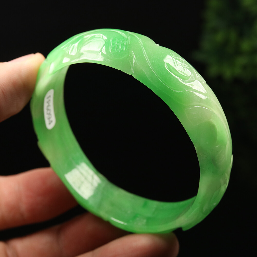 59mm Emerald Green Burma Jadeite Jade Bracelet Bangle Dragon Phoenix A-12241
