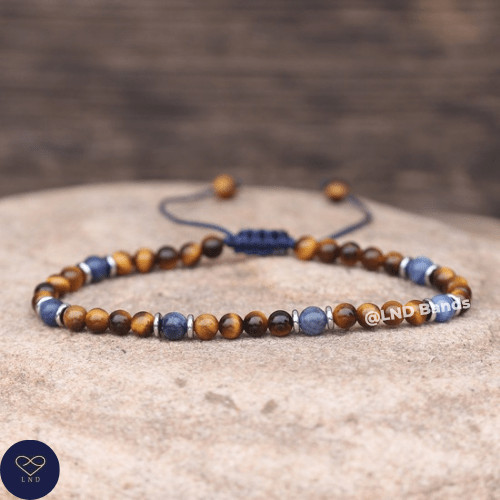 Lapis Lazuli Tiger Eye Bracelet 4mm round beads, Adjustable Tibetan Minimalist G