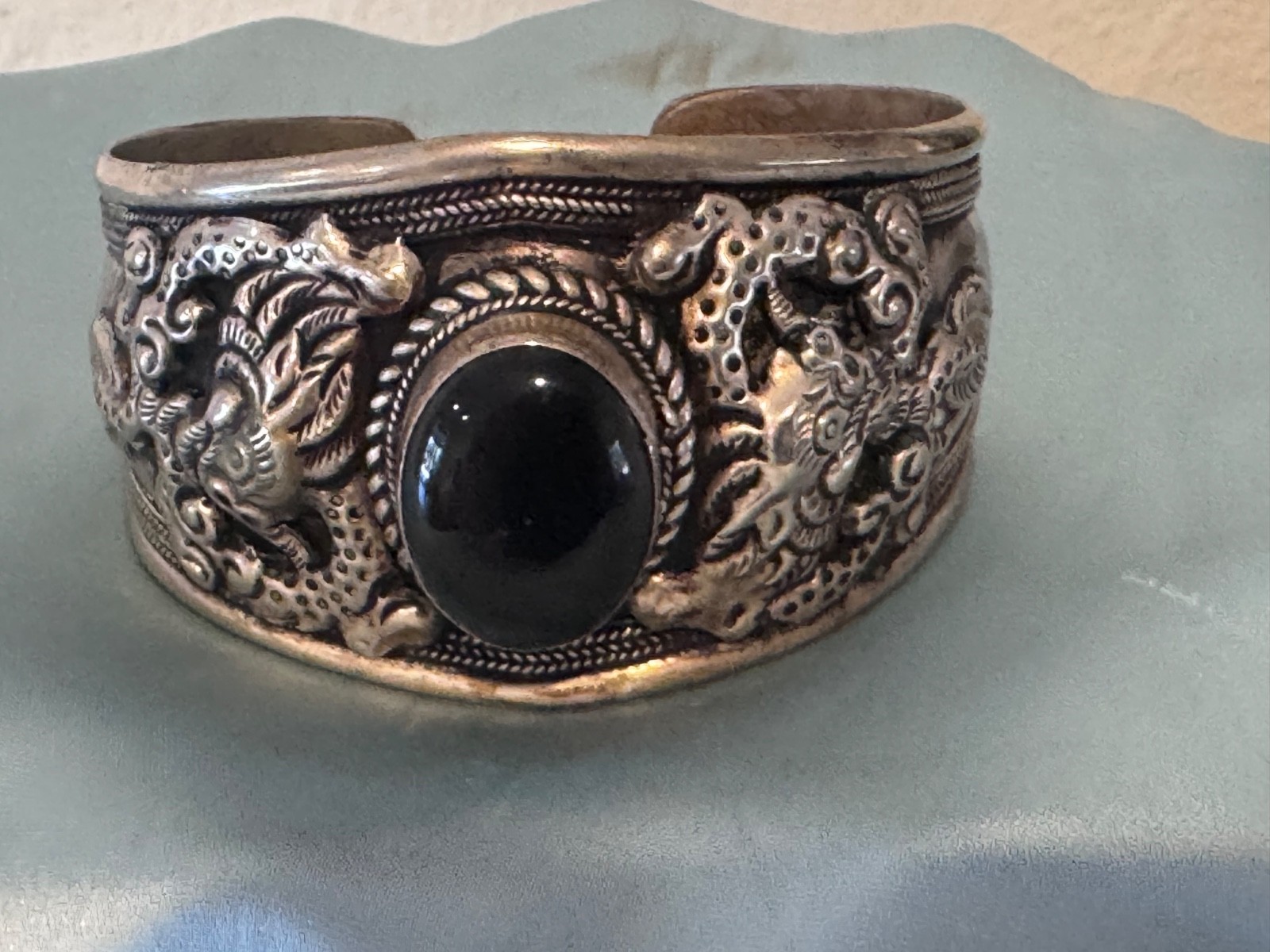 Cuff Bracelet Tibetan Nepal Silver Plated Embossed Dragons Onyx Oval Stone