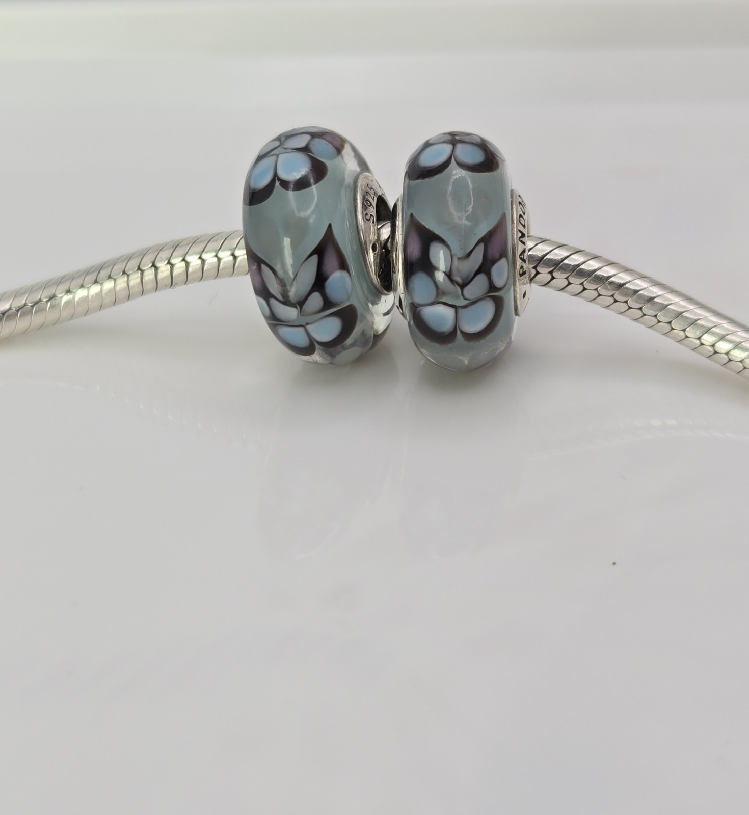 Authentic Pandora Pair of Blue Butterfly Kisses bug Charms Murano Glass