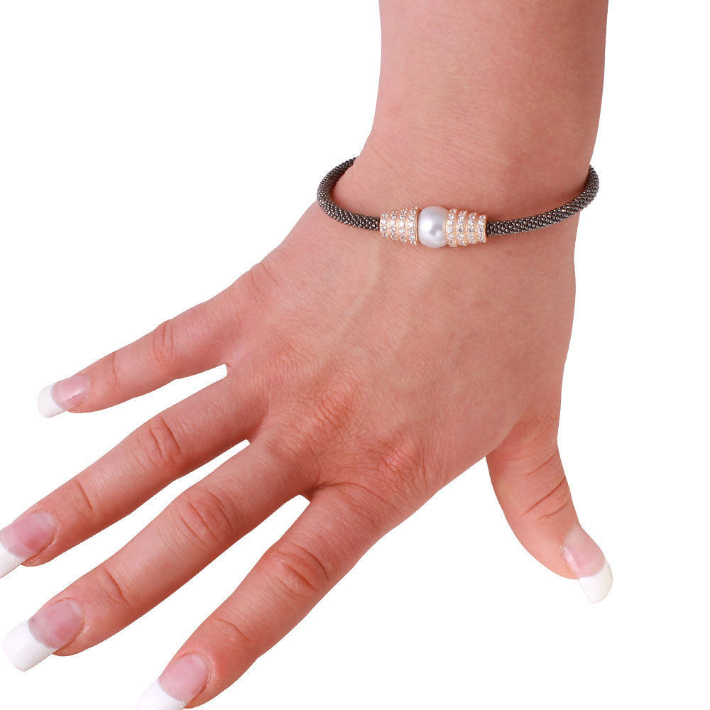 925 STERLING SILVER LADIES ITALIAN BRACELET W/ WHITE PEARL & DIAMOND SIMULANT