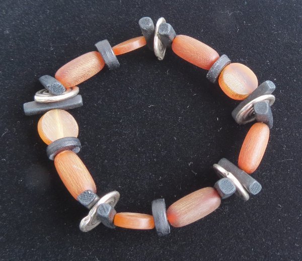 Mixed Media Black Orange Brown Beads Silver Tone Coils Stretch Bracelet EUC