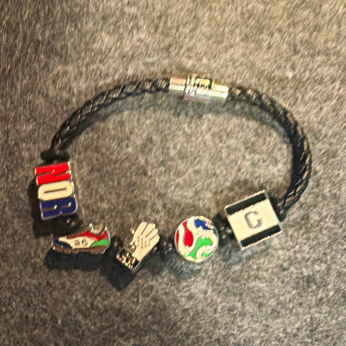 NOR World Cup Black Braided Leather Charm Bracelet w/ Magnetic Closure