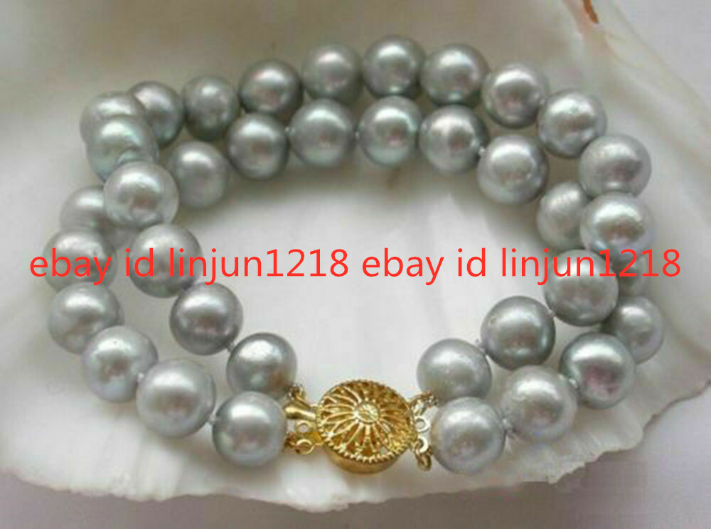 2 Rows 8-9MM Natural South Sea Gray Pearl Beads Bracelet Bangle 7.5”
