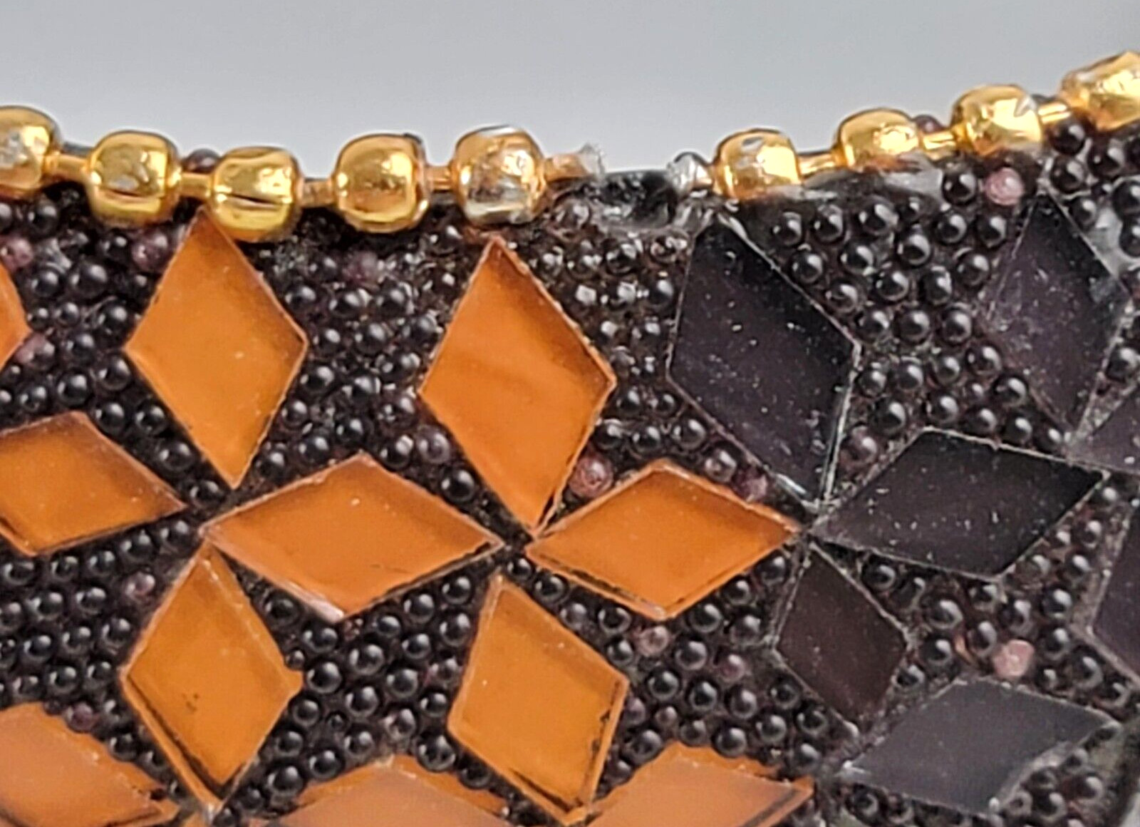 Geometric Design Brown/Orange Cut Glass Bangle Bracelet 7.5″ Wooden