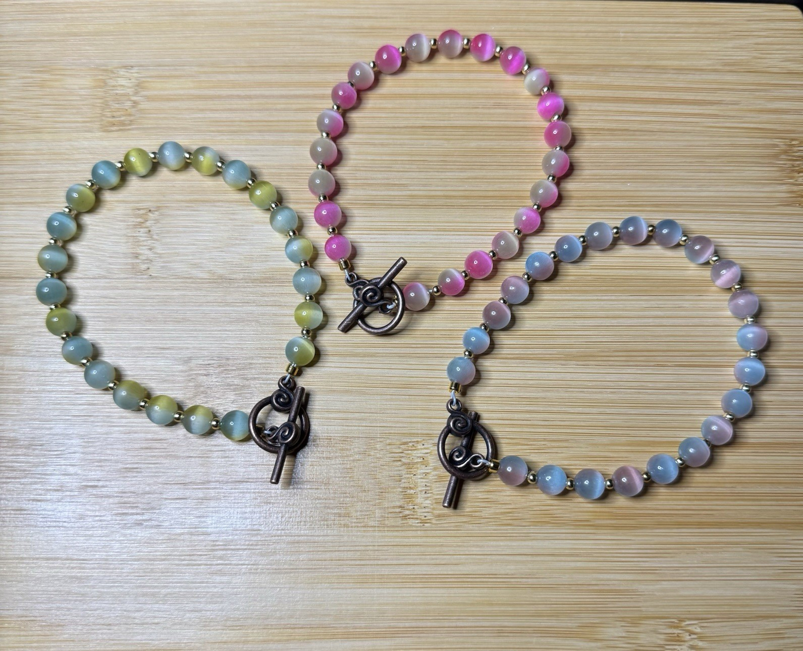 Set of 3 Multicolor Round Beaded Stackable Bracelets Toggle Clasps