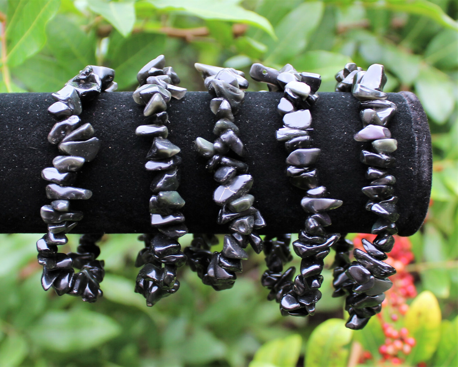Black Obsidian Chip Bracelet, Stretch: Raw Natural Crystal Healing US SELLER