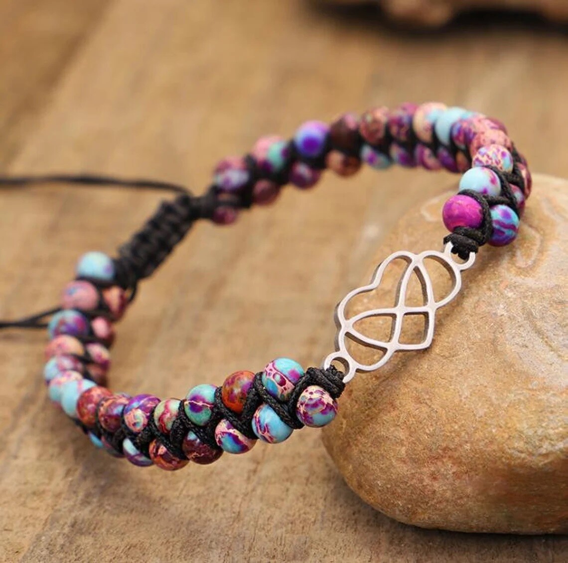 Natural Imperial Jasper Stone Heart Charm Braided Bracelet for Healing Safety