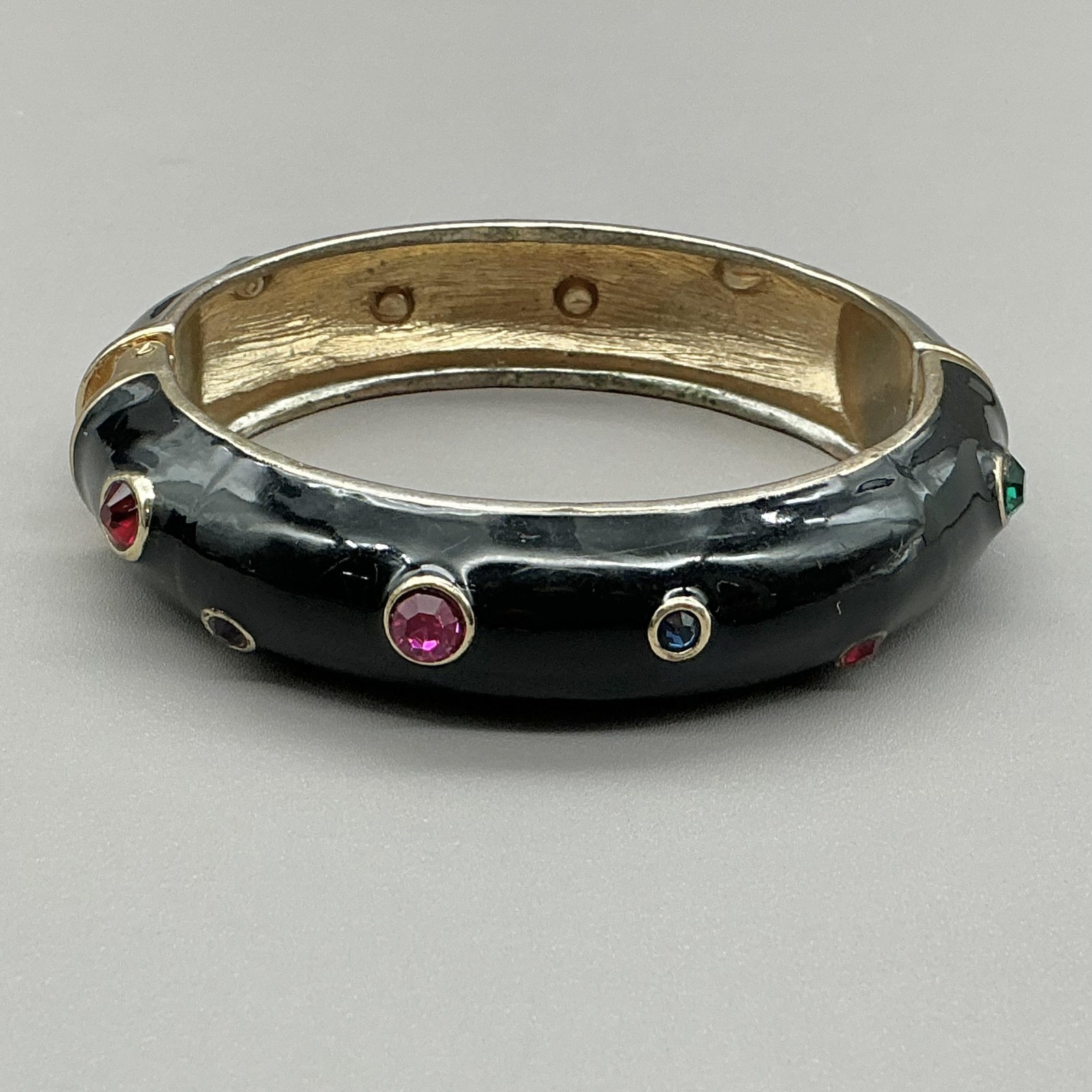 Bracelet Black Enamel Multicolor Glass Stone Hinged Bangle Snap Womens Jewelry