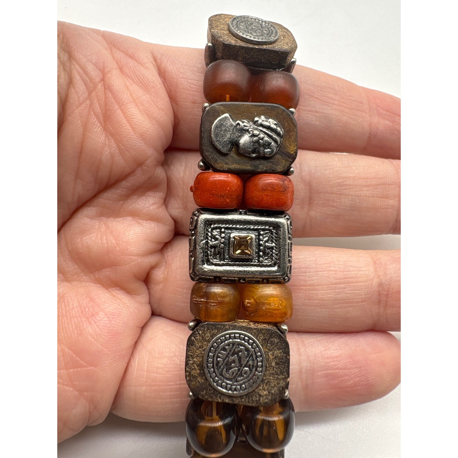Bohemian Mixed Media Stretch Bracelet Silver Cameo Wood Resin Beads Brown Orange