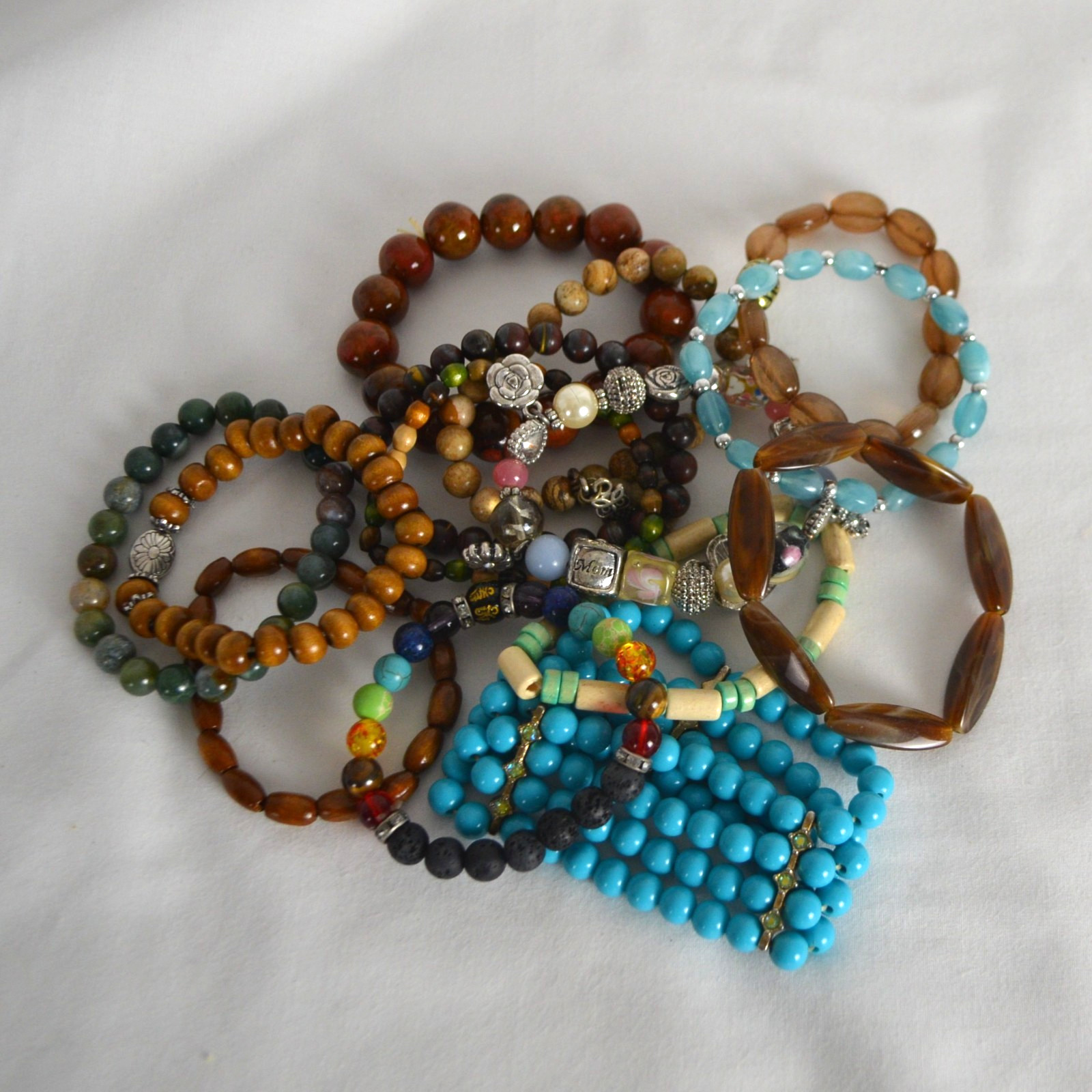 Stackable Bracelet Lot 14pc Beaded Stretch Mixed Materials circa 2000s