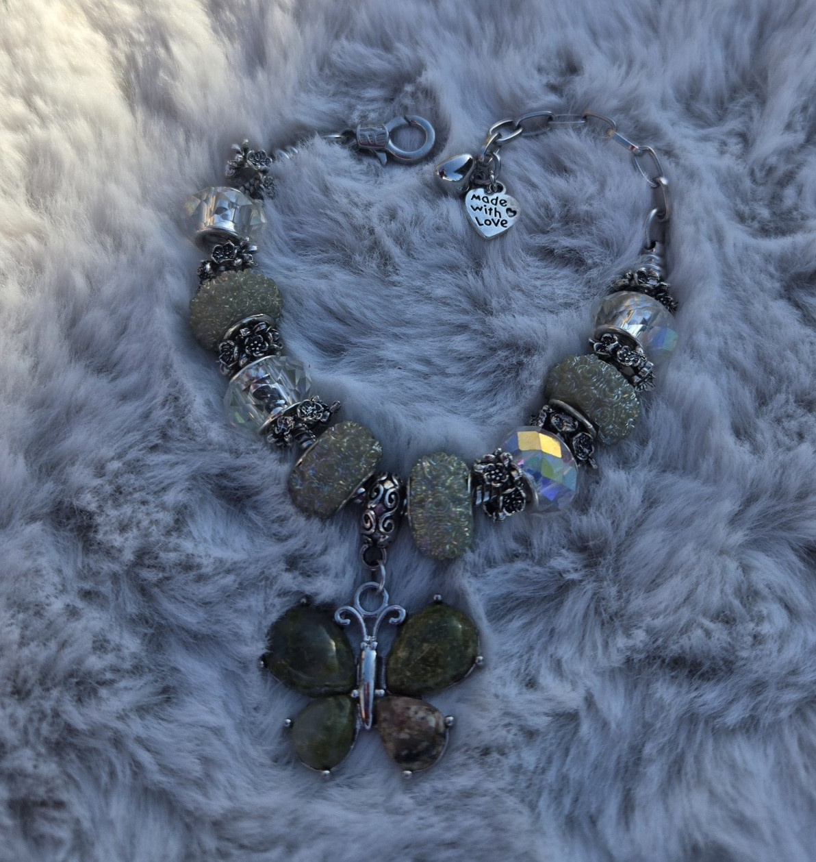 Silver & Green Beaded Charm Bracelet with Butterfly Dangle, Lobster Clasp