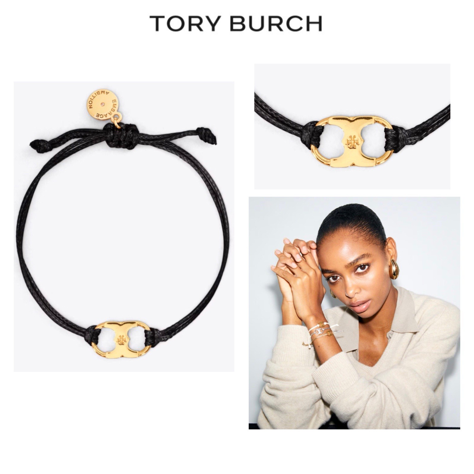 NWT TORY BURCH EMBRACE AMBITION 18K-Gold Plated Brass Black Cord Slider Bracelet