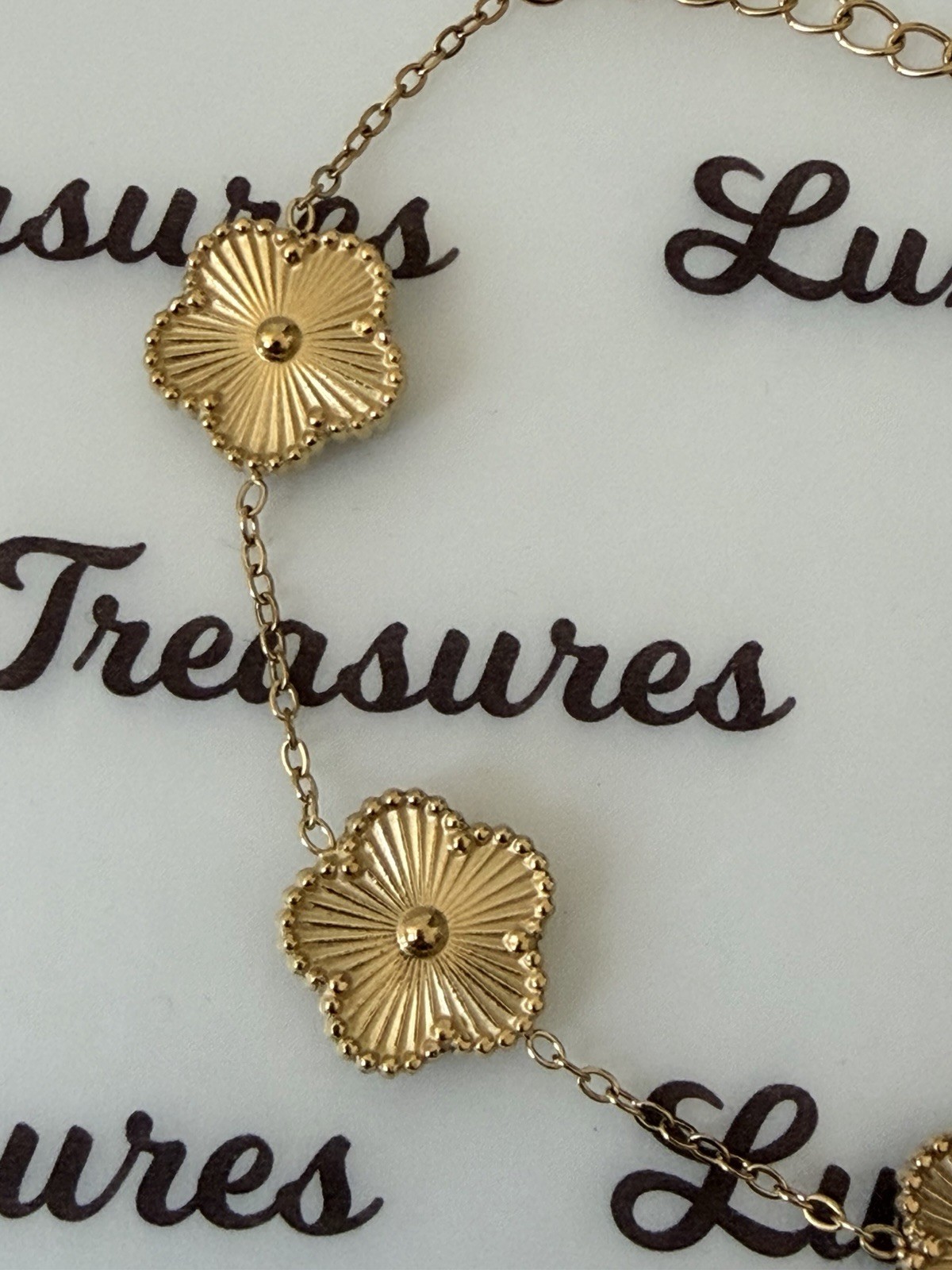 LuxeTreasures 18K Gold Plated 5-Motif Sunburst Flower Bracelet – Guilloché Style