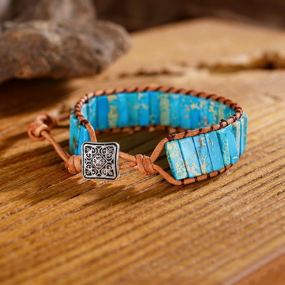 Natural Blue Turquoise Tube Stone Bracelet Leather Braided Healing Copper Wrap