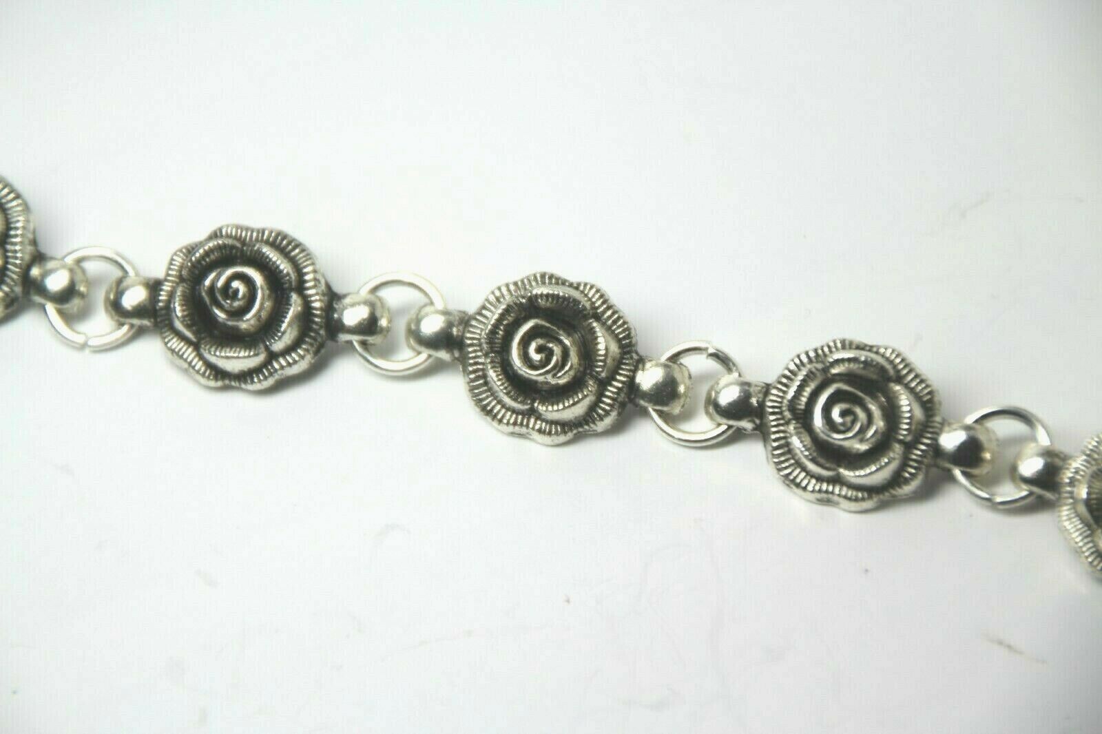 Rose Bracelet Silver Rhodium Hook Clasp Roses Pewter Charms 7″ inch Flower