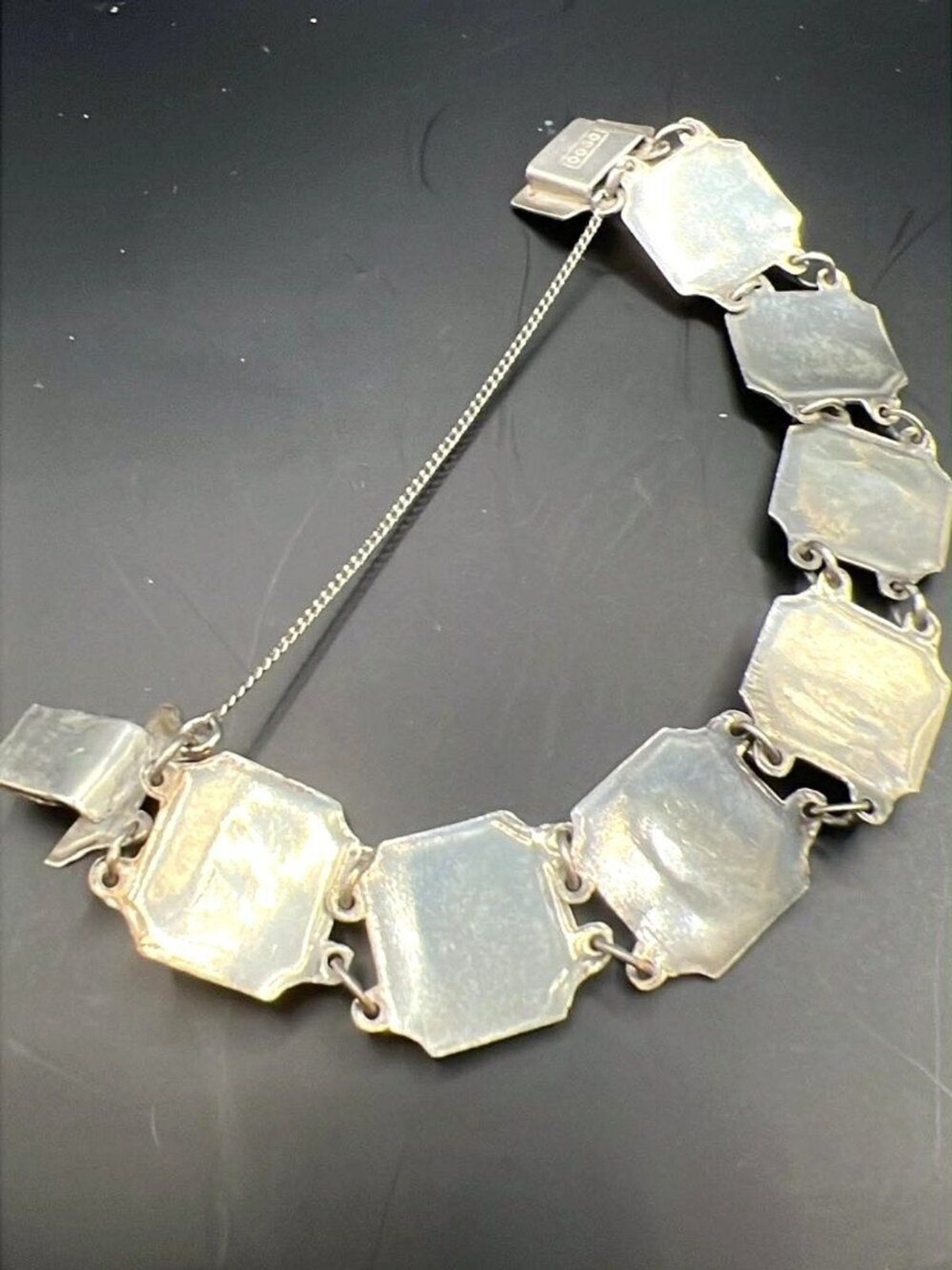 Vintage 900 Silver Colombian Panel Bracelet • Figural Panels • Emerald Inlay • 2
