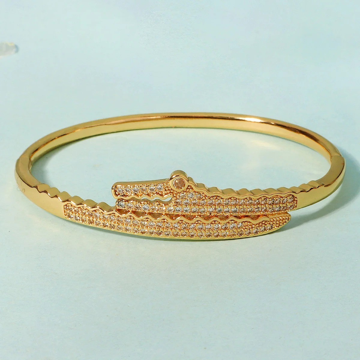 14k Yellow Gold plated Open Nail Bolt Trendy Bracelet AAA quality cubic zirconia