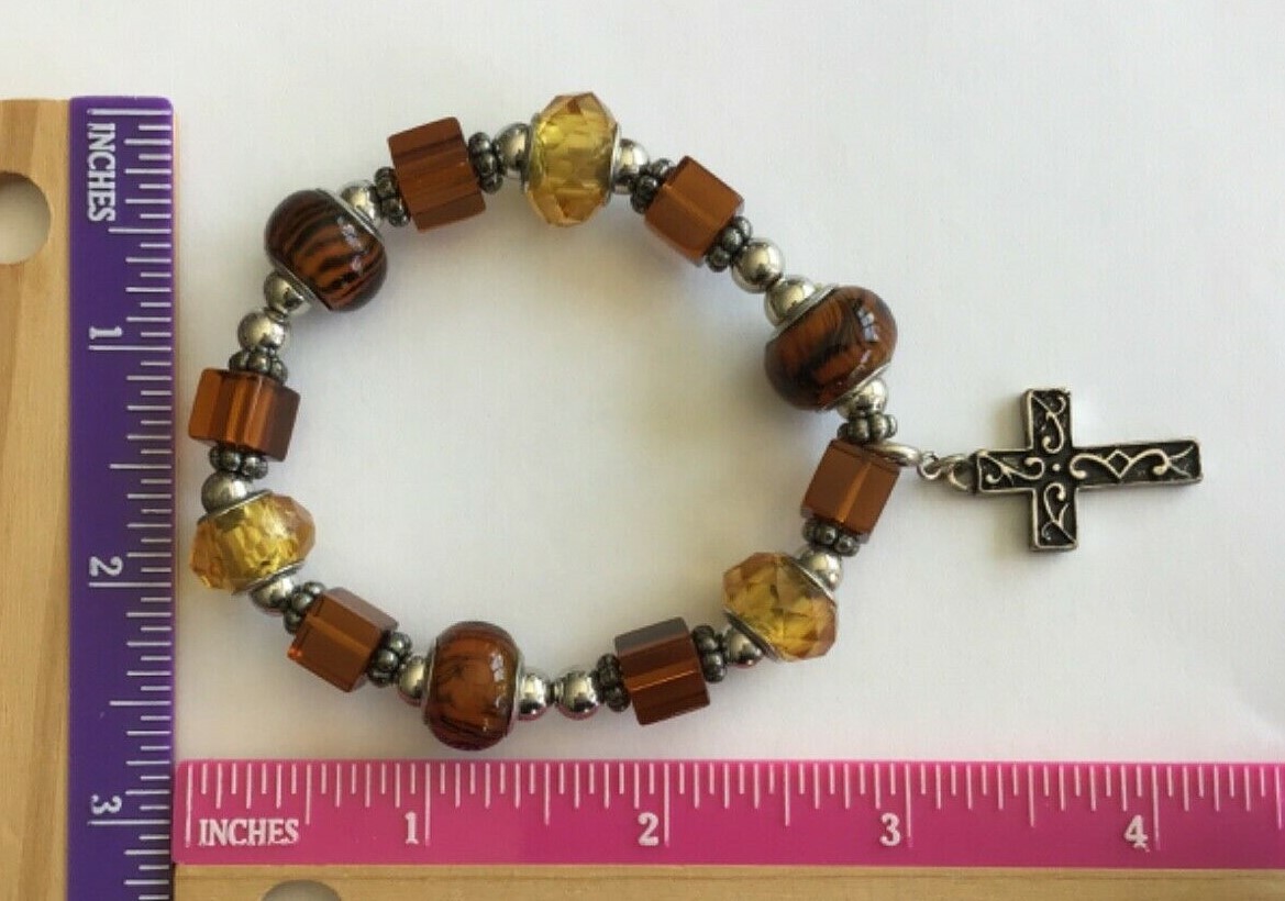Silver Tone Cross Charm Multi Bead Yellow Orange Brown Color Stretch Bracelet