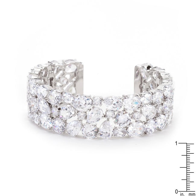 Silvertone Rhodium Plated Brass Wide Cubic Zirconia Cluster 7″ Cuff for Women