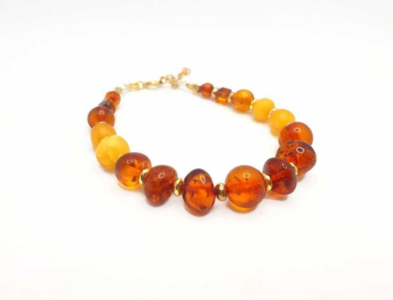 Baltic Amber Bracelet – Cognac Amber Beads, Gold Hematite Spacer & Sterling Silv