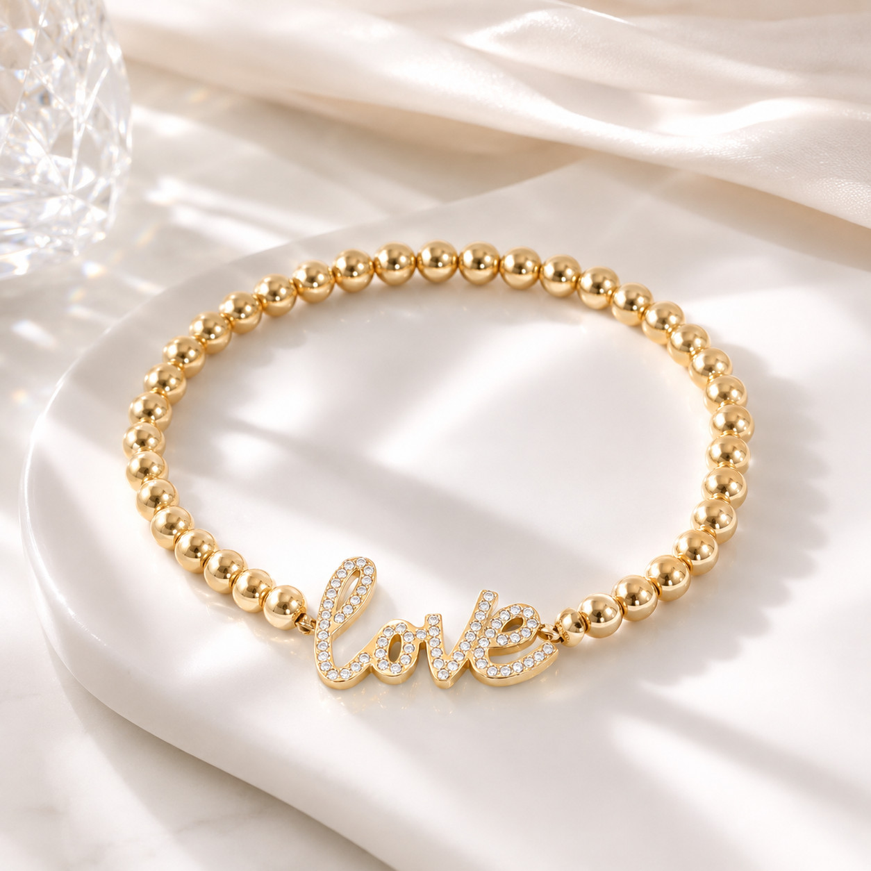 Love Beaded Stretch Bracelet 18K Gold PVD Waterproof Womens Jewelry