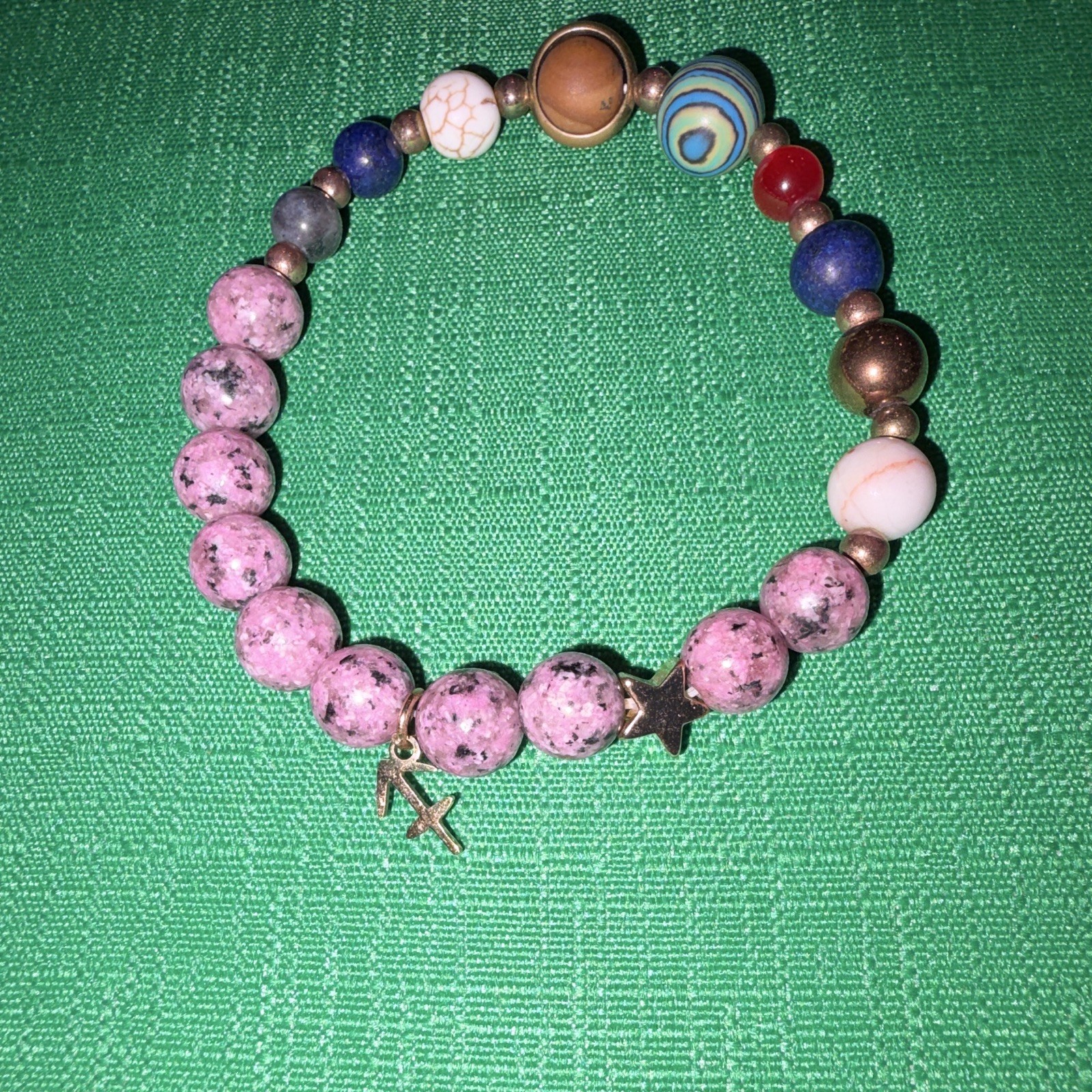Multicolor Stone Metal Round Beaded Stretch Bracelet No Clasp Cross Star Anchor
