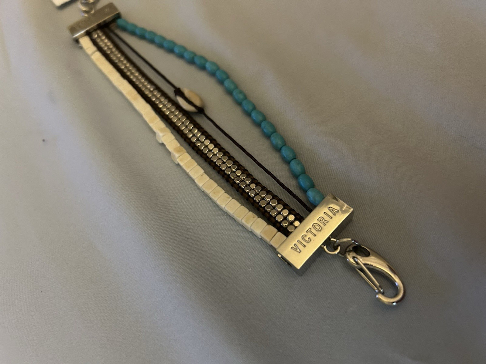 Victoria Multi-Strand Beaded Chain Bracelet Lobster Clasp Silver Blue White
