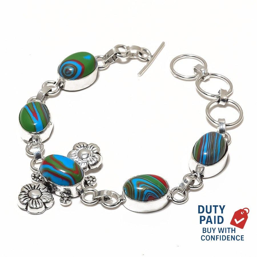 Genuine Rainbow Calsilica Channel Set Wife Chain Bracelet Jewelry Silver Plated