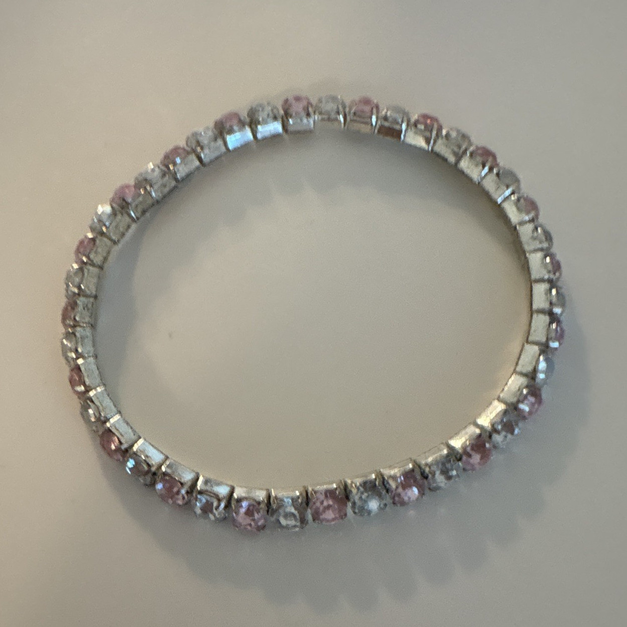 Silver Tone Pink Crystal Tennis Bracelet, Prong Set Square Stones