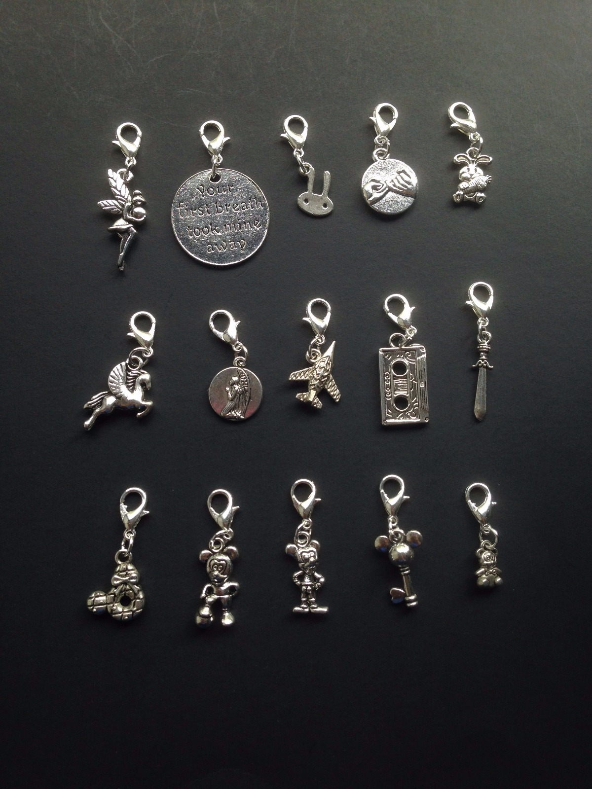 25 Mixed Silver Bracelet Clip Ons Charms Lobster Clasp Purse Zipper Pulls Lot