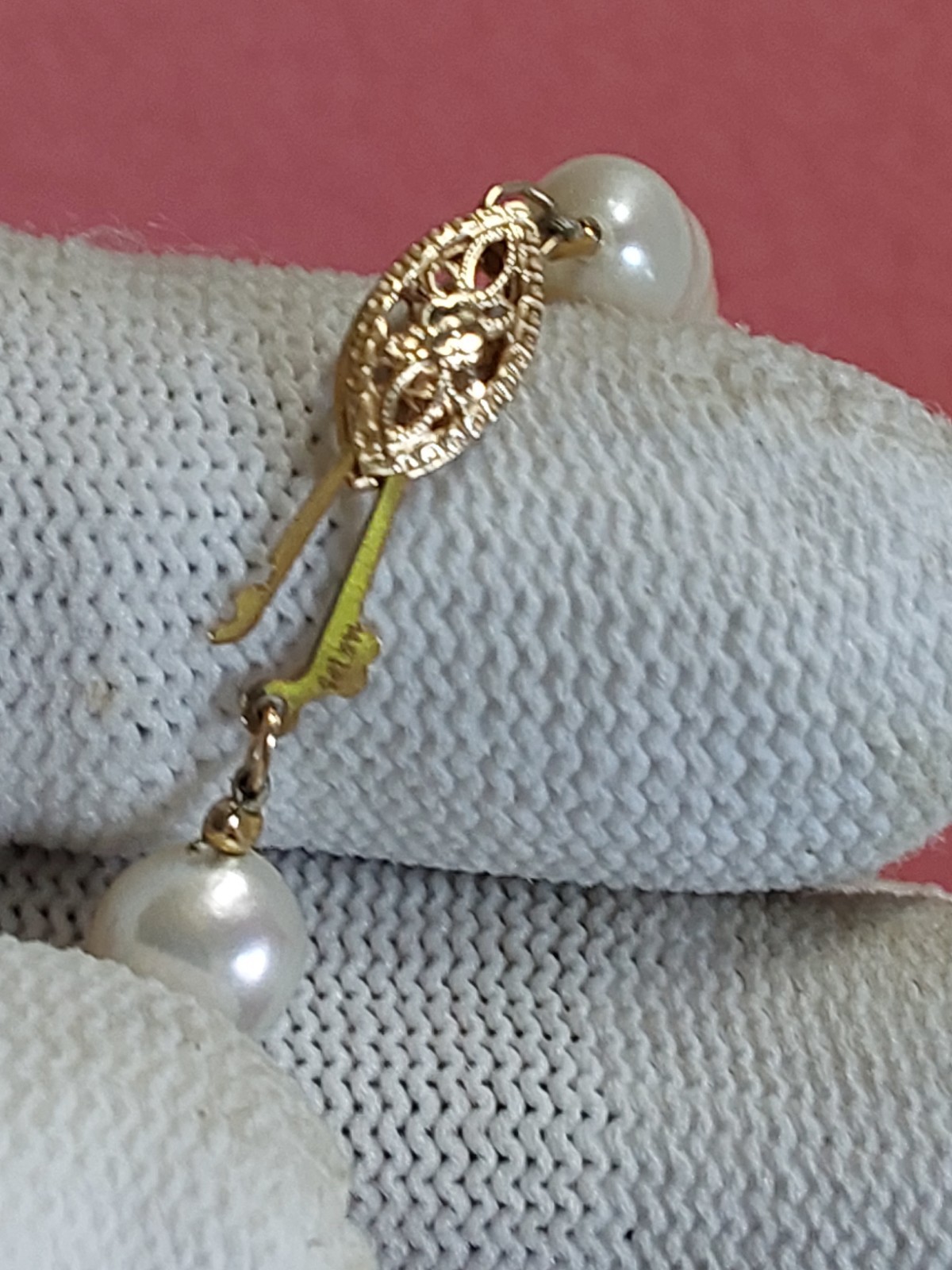 White Faux Pearl & angel skin pink Beaded Bracelet, 14k Hook Clasp