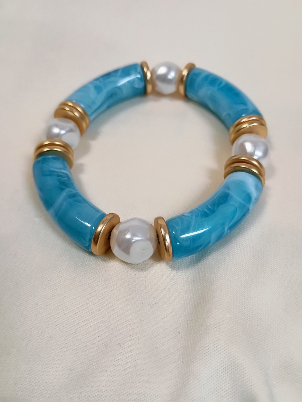Plunder Design Jewelry Pearl Blue Acrylic Macaroni Bead Elastic Bracelet