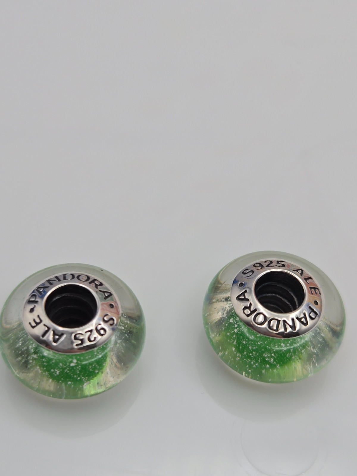 Authentic Pandora Pair of Disney Green Tinkerbell Charms Murano Glass