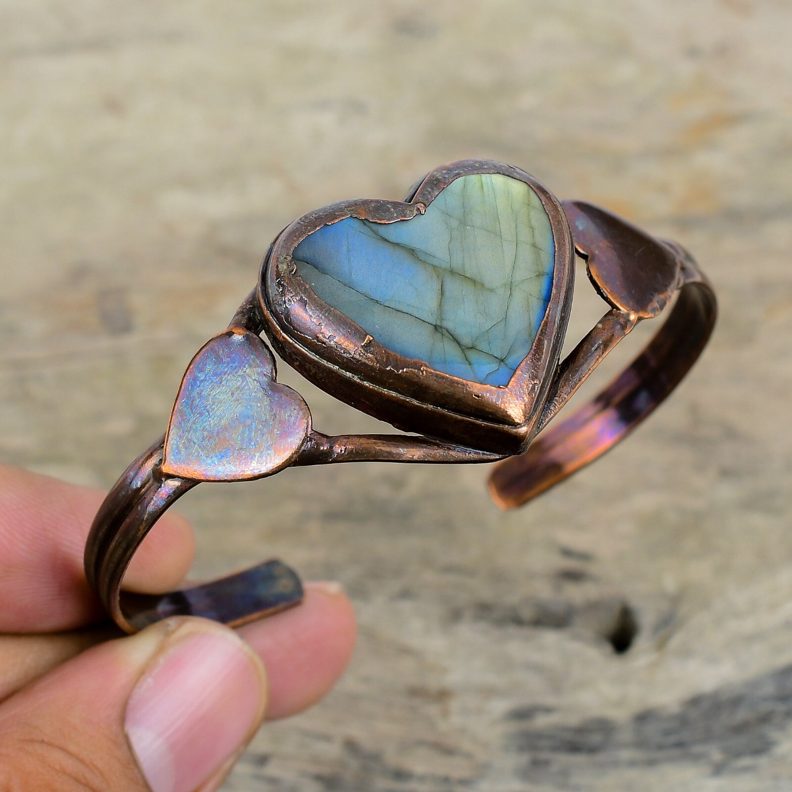 Gift For Women Jewelry Electroformed Heart Adjustable Bangle Copper Labradorite